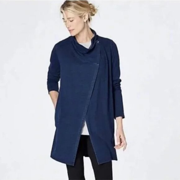 J. Jill Pure Indigo Blue Wash Asymmetrical Draped Cowl Jacket Long Cardigan L - Picture 1 of 10